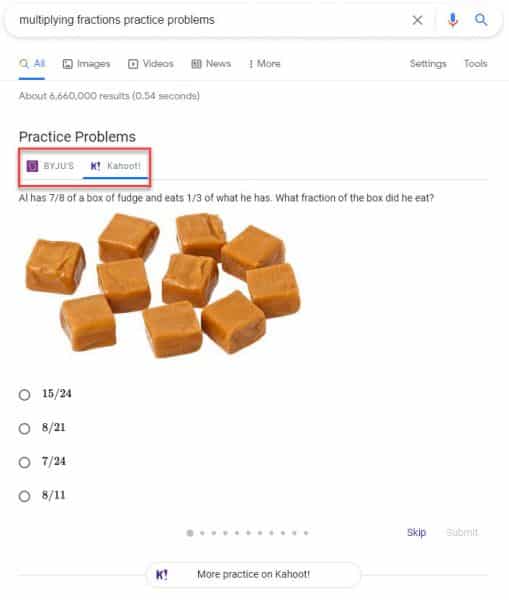 multiplying fractions practice problem results