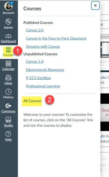 Visual of buttons needed to access courses