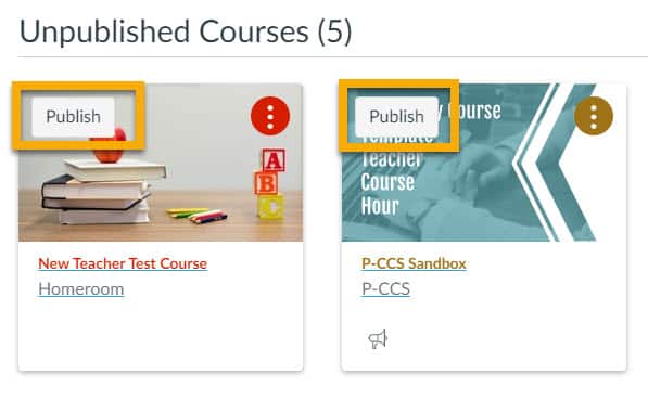 click publish on the course card on the dashboard