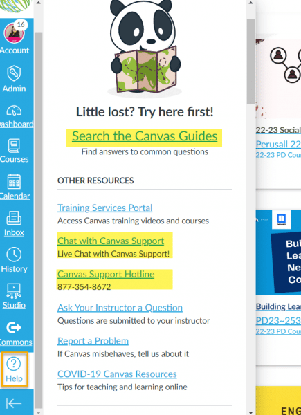 image of Canvas help menu