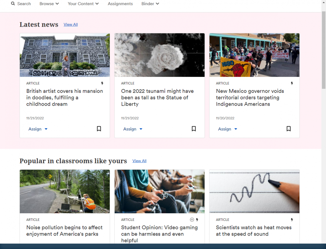 image of newsela homepage