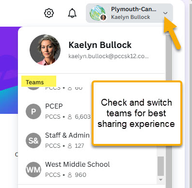 location of team switcher in Canva