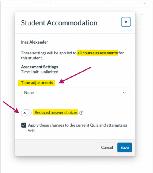 student accommodations settings for time adjustments and reduced answer choices