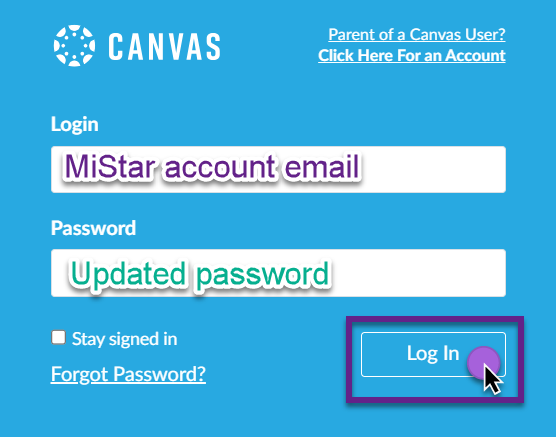 Canvas sign-in screen showing email and password input fields
