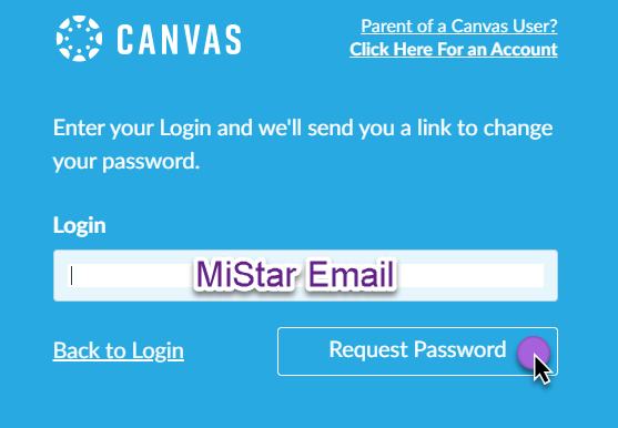 Request Password button on the Canvas password recovery screen